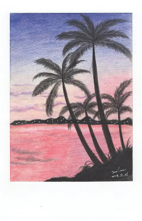 原创彩铅小插画夏日海滩06