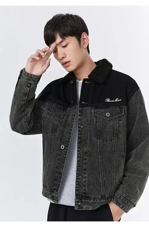 太平鸟男装秋冬新款刺绣牛仔夹克休闲羊羔绒拼接茄克外套宽松上衣