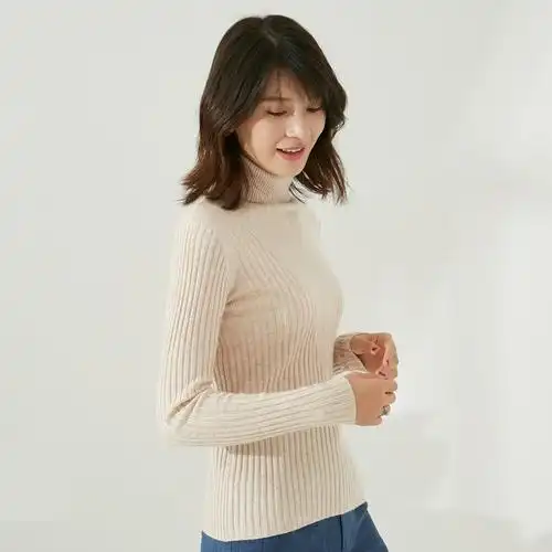 正品专柜毛衣女高领短款加厚条纹羊绒针织衫修身韩版百搭套头黑色