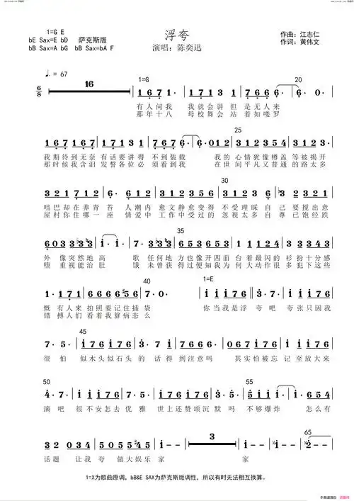 浮夸简谱&萨克斯五线谱简谱