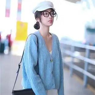 蓝色v领针织上衣女春秋薄款 宽松短款 虞书欣同款 外套 甜美清新开衫