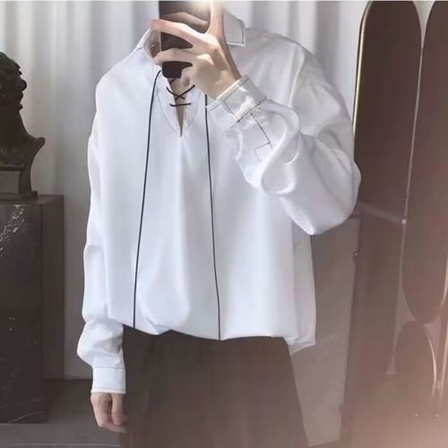 秋季暗黑禁欲系气质明线设计感衬衫男士潮流韩版抽绳绑带套头衬衣