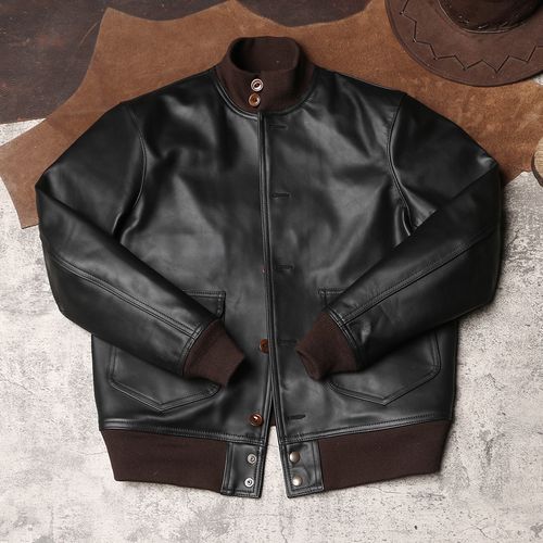 美式复古a1飞行服皮夹克平纹无涂牛皮棒球服皮衣男士真皮空军外套