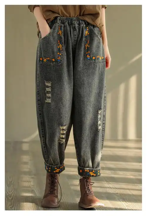凯姿瑜民族风复古风牛仔裤灯笼裤女破洞刺绣牛仔哈伦裤女春季新款宽松