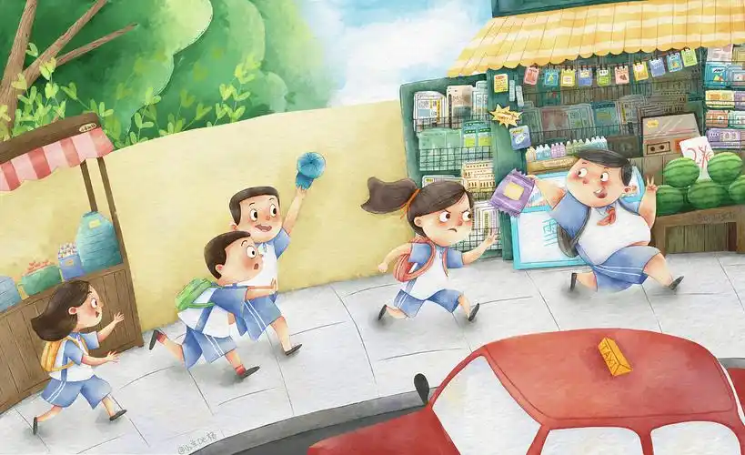 《放学啦》仿水彩风格儿童插画的步骤图