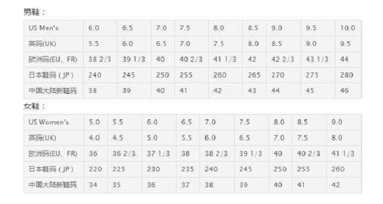 韩国斐乐鞋子尺码表