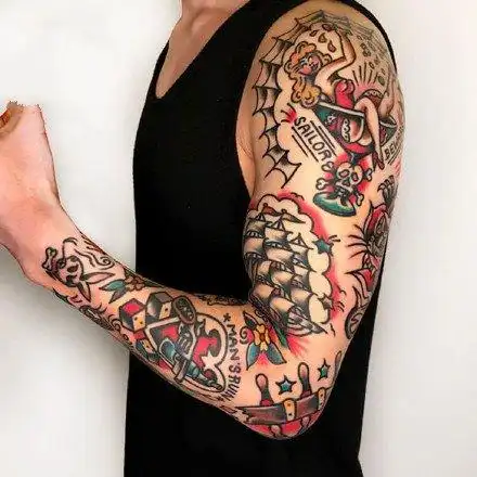 oldschool的彩色大花臂纹身图案欣赏48