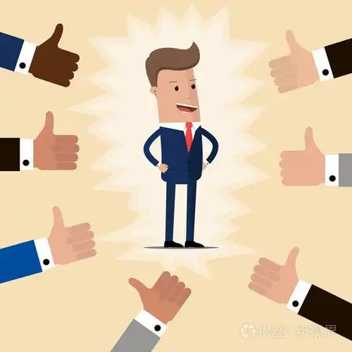 用手在他周围的许多大拇指高兴和自豪的商人.经营理念的赞美.矢量图