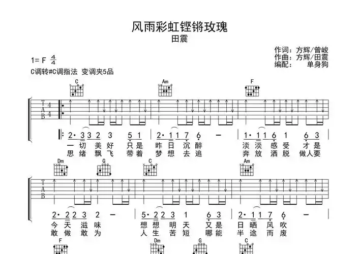 风雨彩虹铿锵玫瑰吉他谱田震c调吉他弹唱六线谱单身狗编配