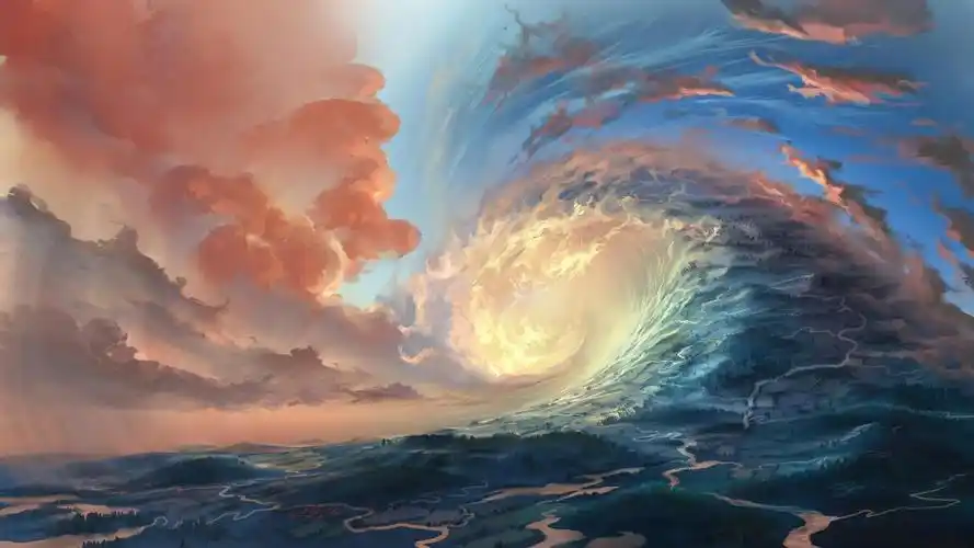 天空云龙卷风山创意手绘风景4k壁纸