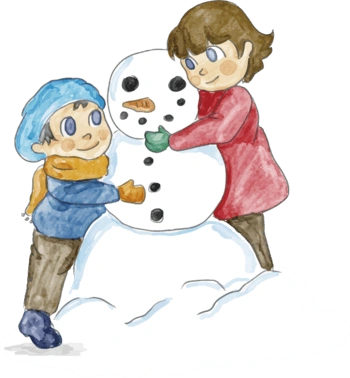 手绘堆雪人的姐弟俩