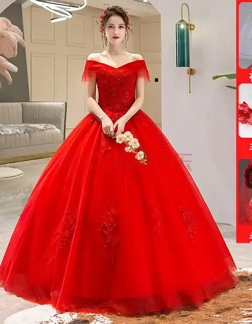 【曹迪】婚纱2021新款夏一字肩红色结婚齐地新娘礼服修身高腰s 红色