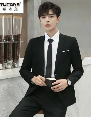结婚礼服上班纯色小西装男士冬装帅气男生男式单扣黑色单西装领带4xl