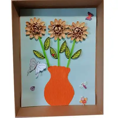 鞋盒盖画变废为宝废旧利用环保坚果壳玉米粒玉米花瓶手工创意粘贴类