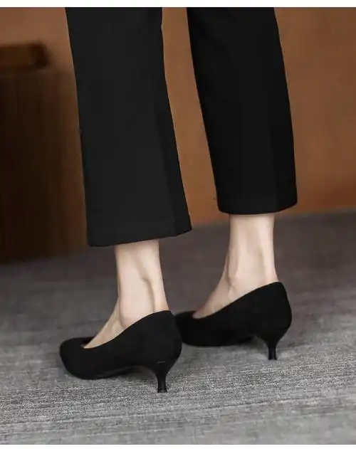 五厘米女生高跟鞋面试真的皮绒面黑色女士细跟单鞋3公分尖头酒店5cm