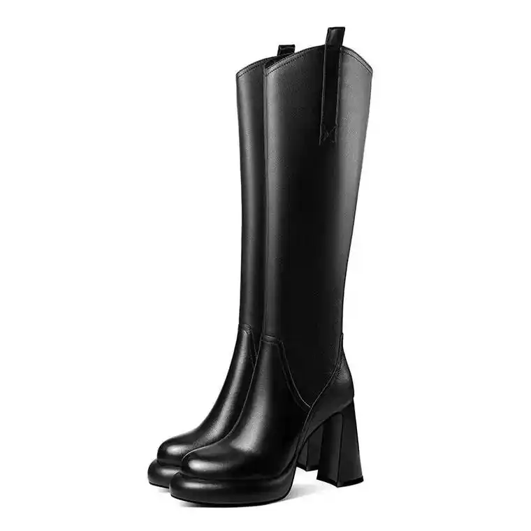 红青蜒真皮高跟长筒增高长靴女2023年冬季高筒靴厚底骑士粗跟靴子