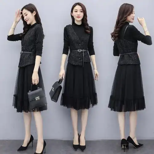 打底裙女春秋2020新款淑女名媛拼接网纱套装黑色长袖连衣裙两件套