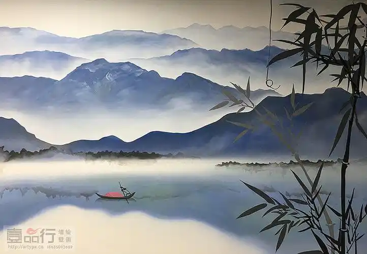 新中式山水墙体彩绘|太原墙绘|太原彩绘|太原手绘墙|纯艺术|绘画|壹品