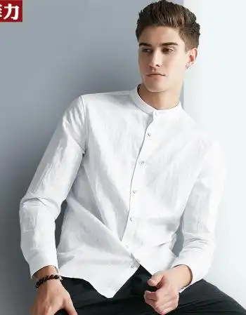 立领亚麻白衬衫男薄款透气长袖纯色棉麻衬衣韩版潮打底衫 116白色 xxl