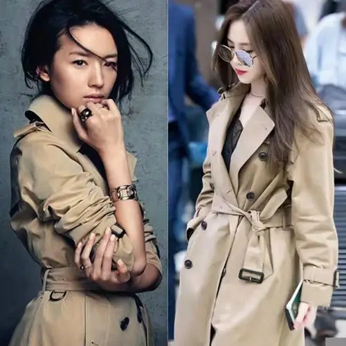 代购2020春新款风衣姚晨明星同款经典双排扣系带中长款气质外套女