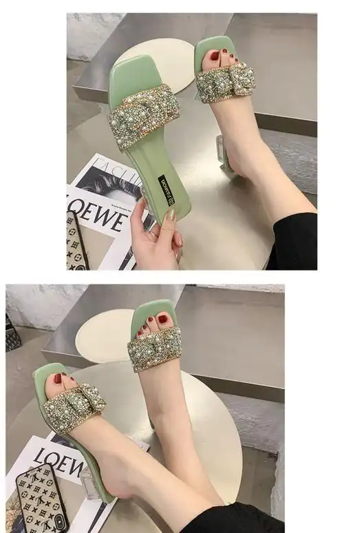 达芙妮小香风拖鞋女夏外穿2021新款时尚水晶中跟粗跟凉拖女士百搭ins