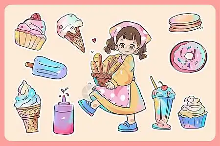甜品冰淇淋美食女孩贴纸卡通简笔画图片素材