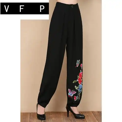 2021新款中老年女裤亚麻妈妈小脚灯笼裤民族风秋冬绣花棉麻长