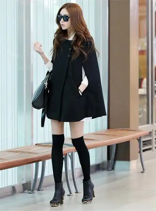韩版时尚毛呢中长款宽松斗篷大衣披肩外套
