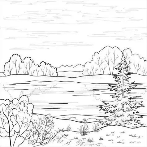 在河岸边的森林树木简笔画 手绘 线稿 13001028