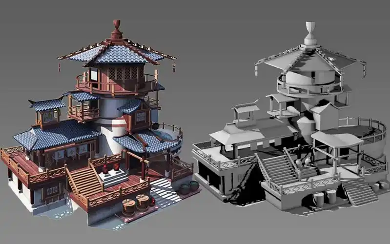 【3dmax建模】古风酒楼模型制作,零基础场景建模教程-小小姿_ayk-默认