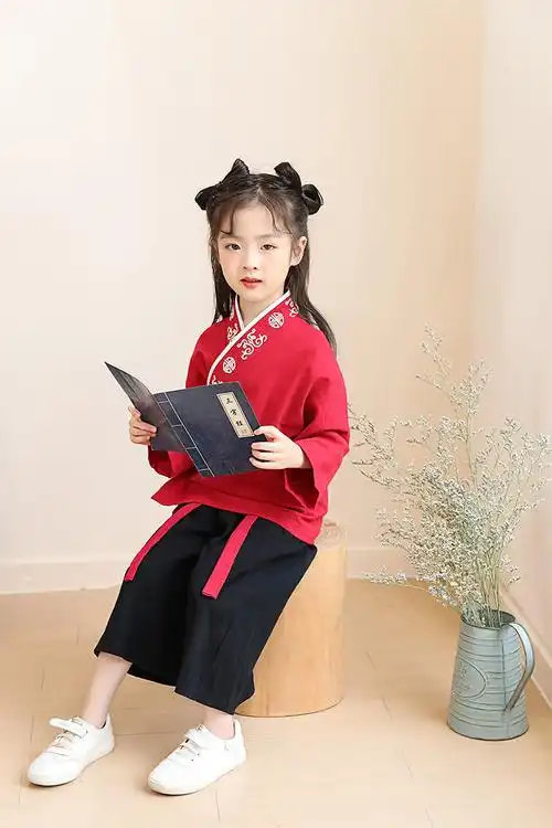 艺林儿童中国风刺绣棉汉服男女书童国学服套装开笔礼幼儿小学生演出服