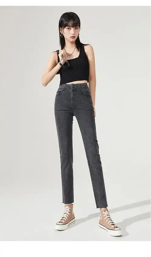 逸阳女裤烟灰色直筒牛仔裤女2021春季新款宽松高腰显瘦烟管小脚裤子女