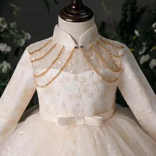 花童礼服婚礼儿童女童香槟色长袖洋气宝宝周岁连衣裙