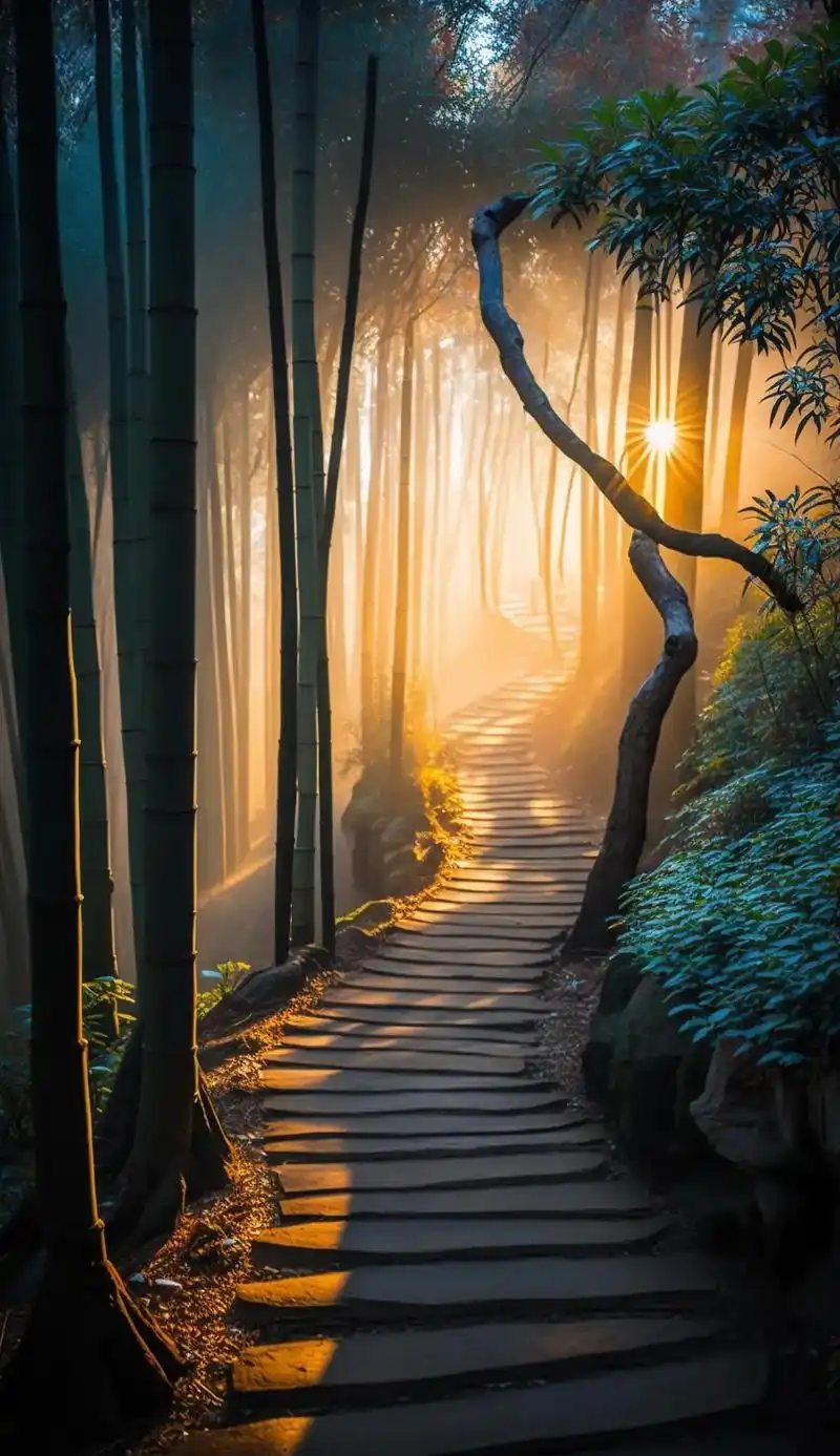 远离尘嚣,迎接清晨,飘逸晨光,迷人竹林.雾气缭绕,阳光透过树 - 抖音