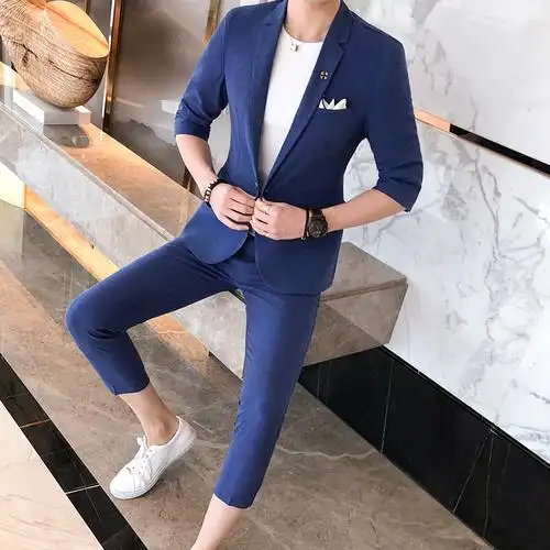 型师韩版蓝色西服夜店潮报价_参数_图片_视频_怎么样_问答-苏宁易购