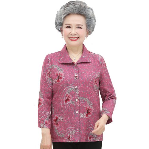奶奶夏装长袖薄款衬衫60岁70中老年人女套装妈妈大码上衣老人衣服
