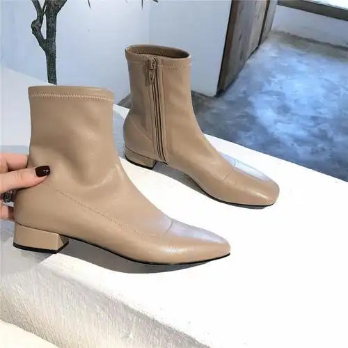 欧美风2019冬新款低跟麂皮绒平底弹力靴chic复古方头显瘦侧拉链短靴女