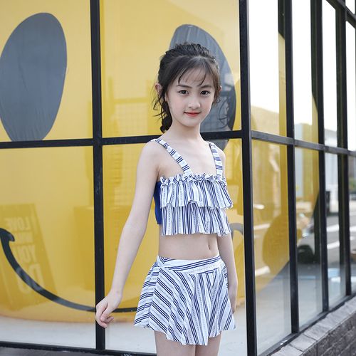 时尚分体儿童泳衣套装女 保守平角女童泳衣 大童学生爆款吊带泳装
