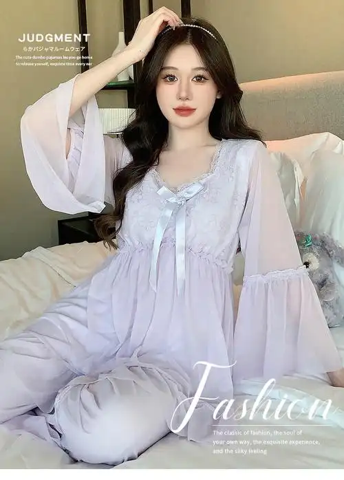 (衣乐美05)春季新款网纱睡衣女蕾丝花边春秋公主风家居服女薄款 - 17