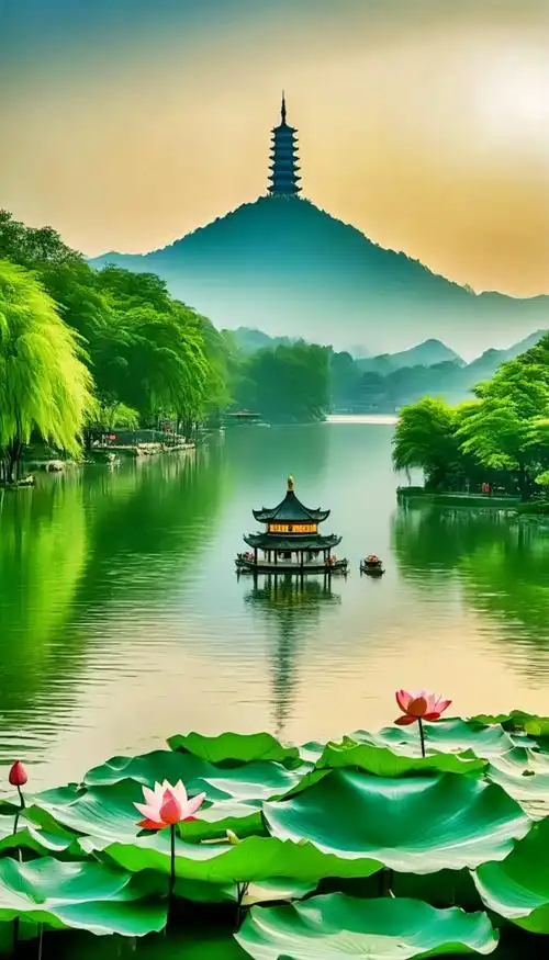 好山好水好风景.西湖美景醉心独饮, 山水间蓝天白云交映. 雷 - 抖音