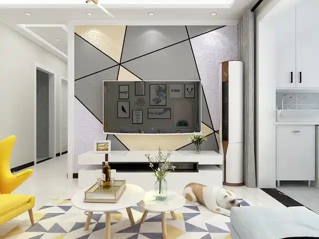 电视背景墙彩用几何图案的装饰,优雅大方,紫色的运用让增加了空间高雅