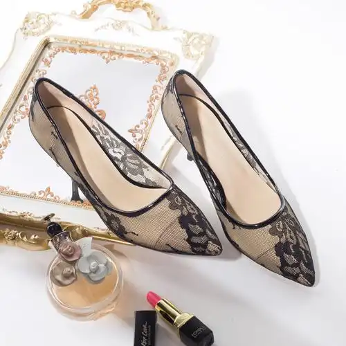 2021夏新款黑色蕾丝高跟鞋女细跟性感镂空网纱礼服鞋5cm中跟单鞋