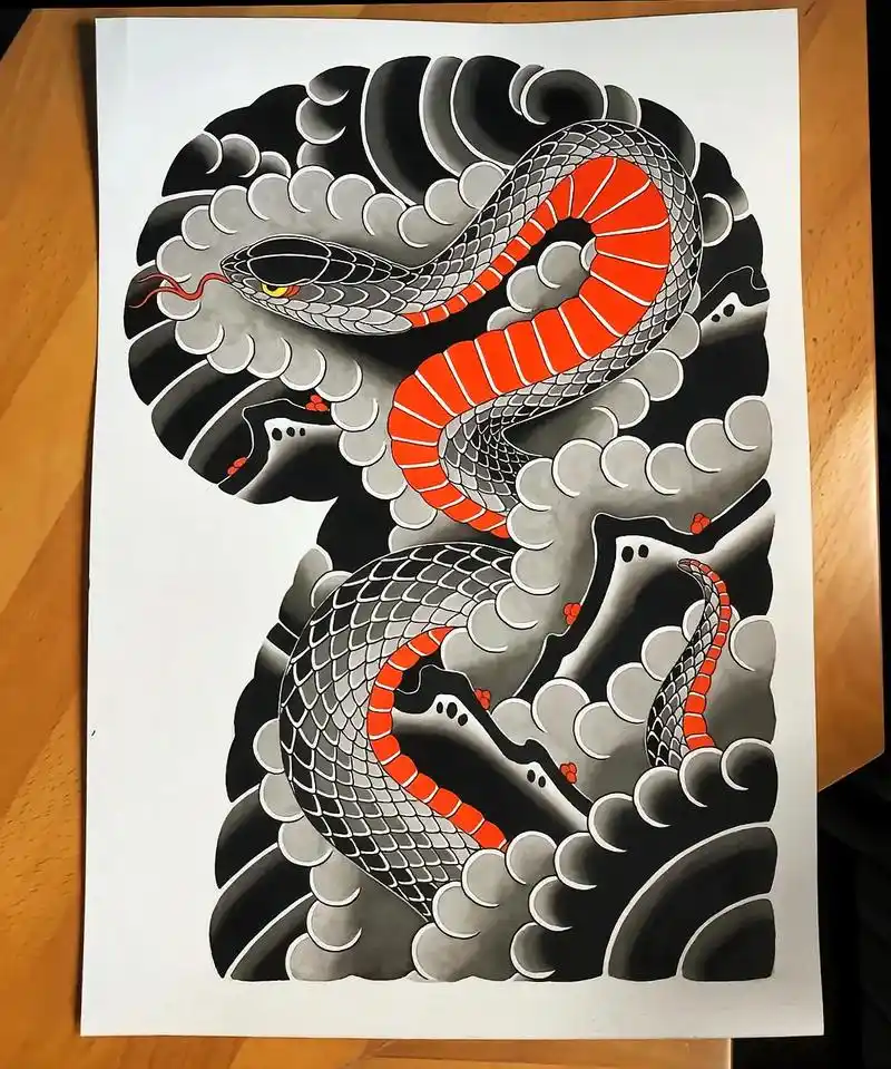 老传统蛇云雾山石花臂纹身手稿半胛