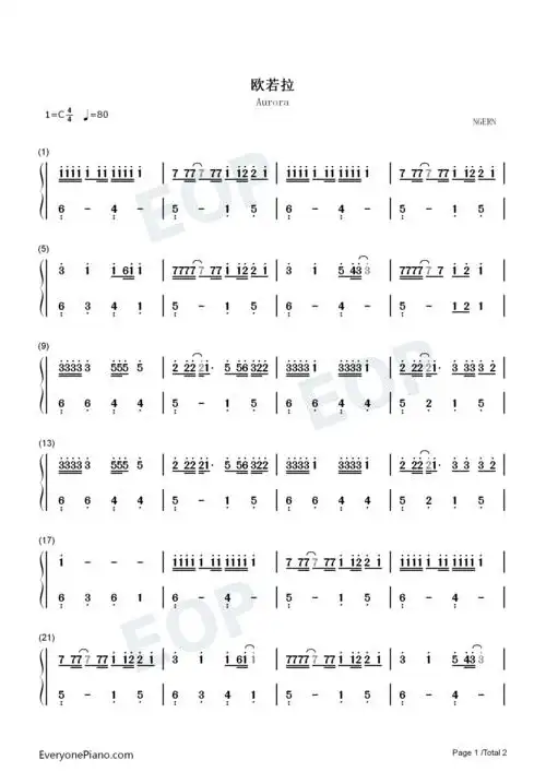 欧若拉-c调简单版双手简谱预览1