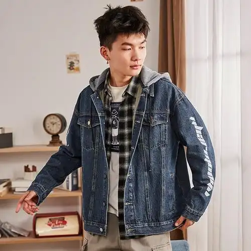 券唐狮春新款连帽牛仔外套男港风潮流休闲牛仔夹克宽松百搭牛仔衣视频