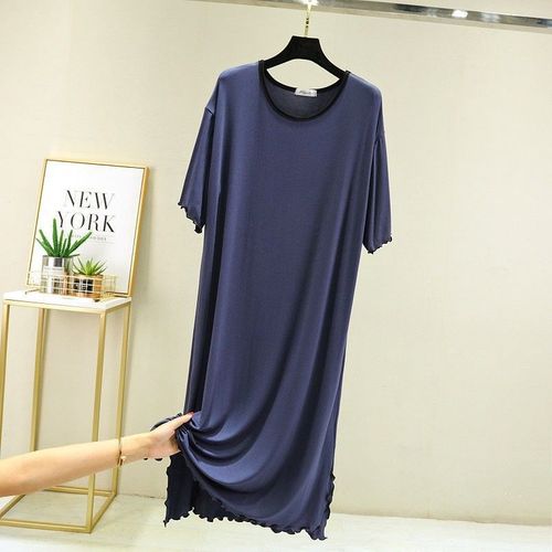 木耳边莫代尔连衣裙男夏季薄款宽松显瘦a字裙短袖睡裙胖mm开叉裙