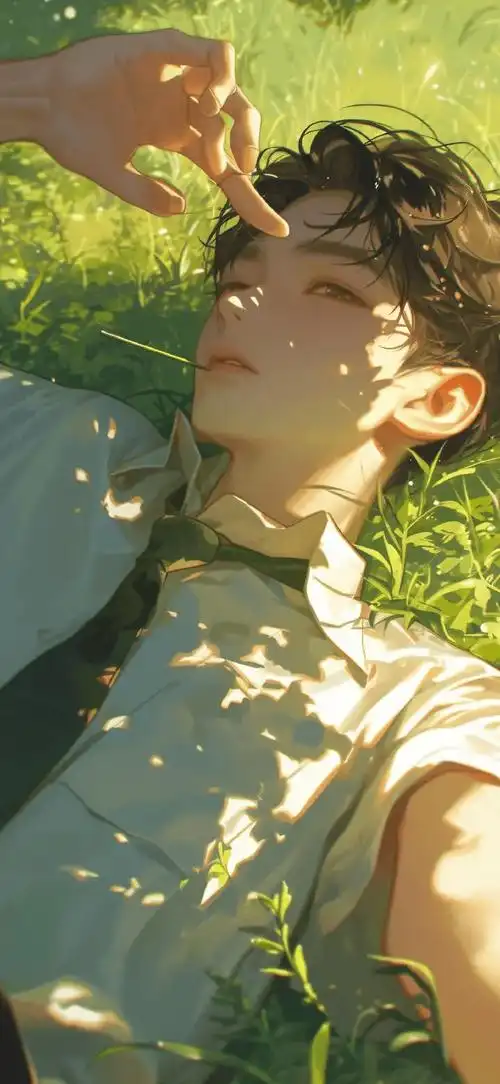 壁纸仰躺草地的动漫美少年壁纸