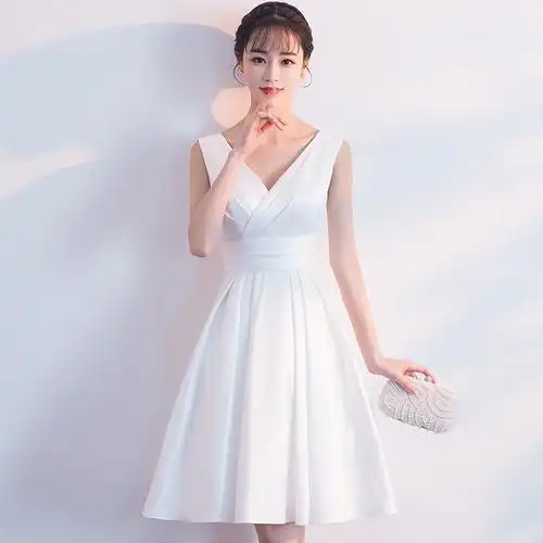 晚礼服女2023新款日常可穿小个子白色显瘦短裙伴娘服年会小礼服
