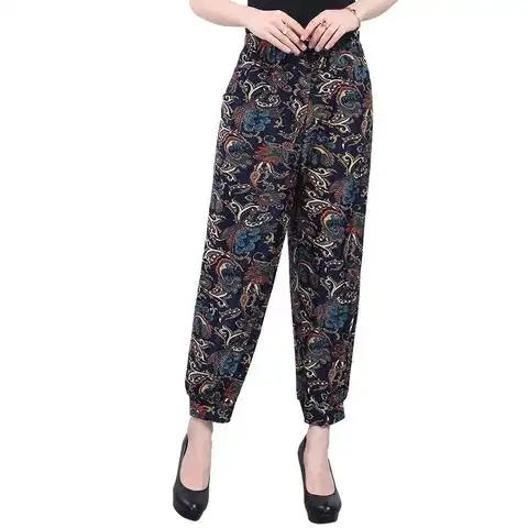 中老年女装灯笼裤女夏妈妈装花裤子高腰休闲裤宽松阔腿裤女九分裤