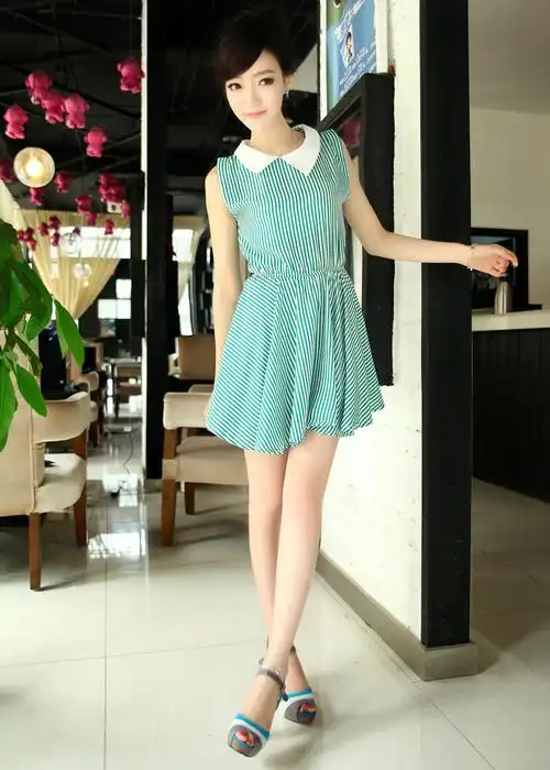 2013夏季新款连衣裙 翻领无袖收腰条纹连衣雪纺短裙 可爱甜美时尚